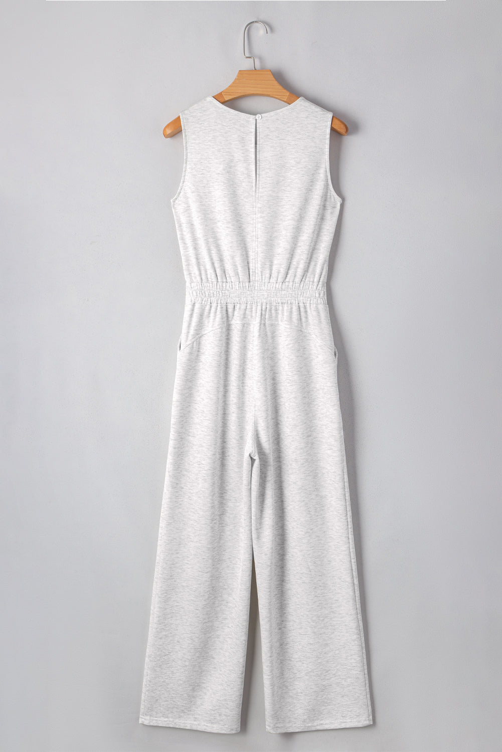 Light Grey Solid Color Crew Neck Drawstring High Waist Sleeveless Jumpsuit