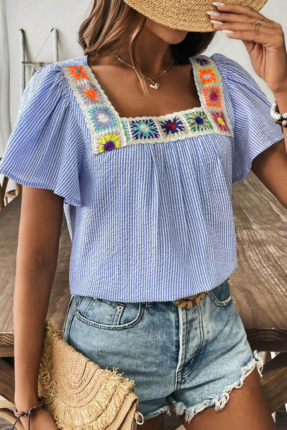 Sky Blue Stripe Textured Ruffle Short Sleeve Boho Detail Square Neck Blouse