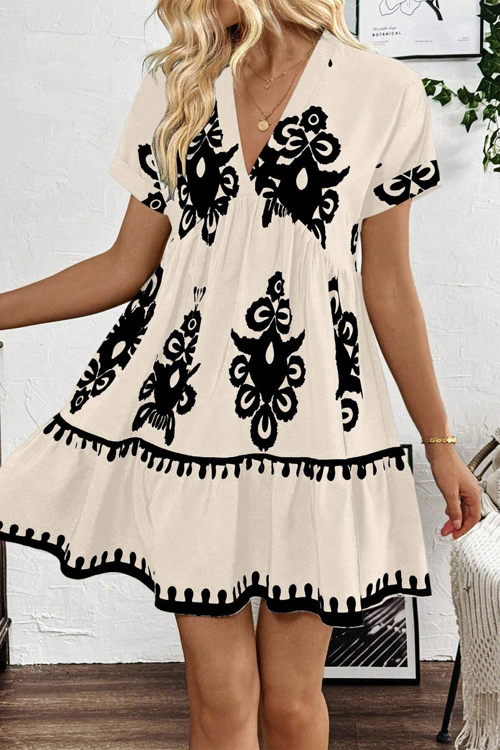 Black Vintage Print V Neck High Waist Short Sleeve Dress