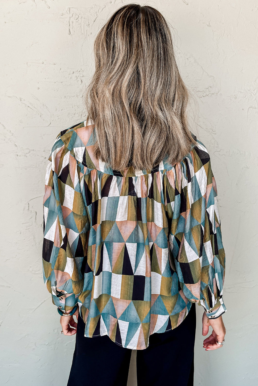 Green Geometric Print Buttoned Balloon Sleeve Loose Fit Shirt