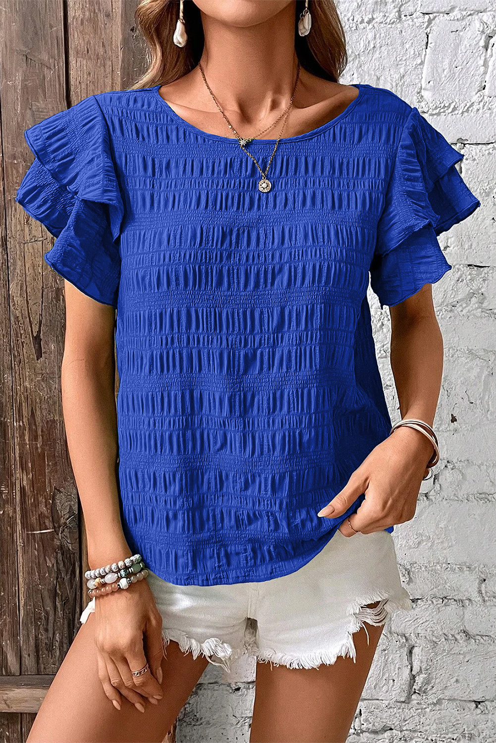 Dark Blue Textured Ruffled Sleeve Round Neck Top