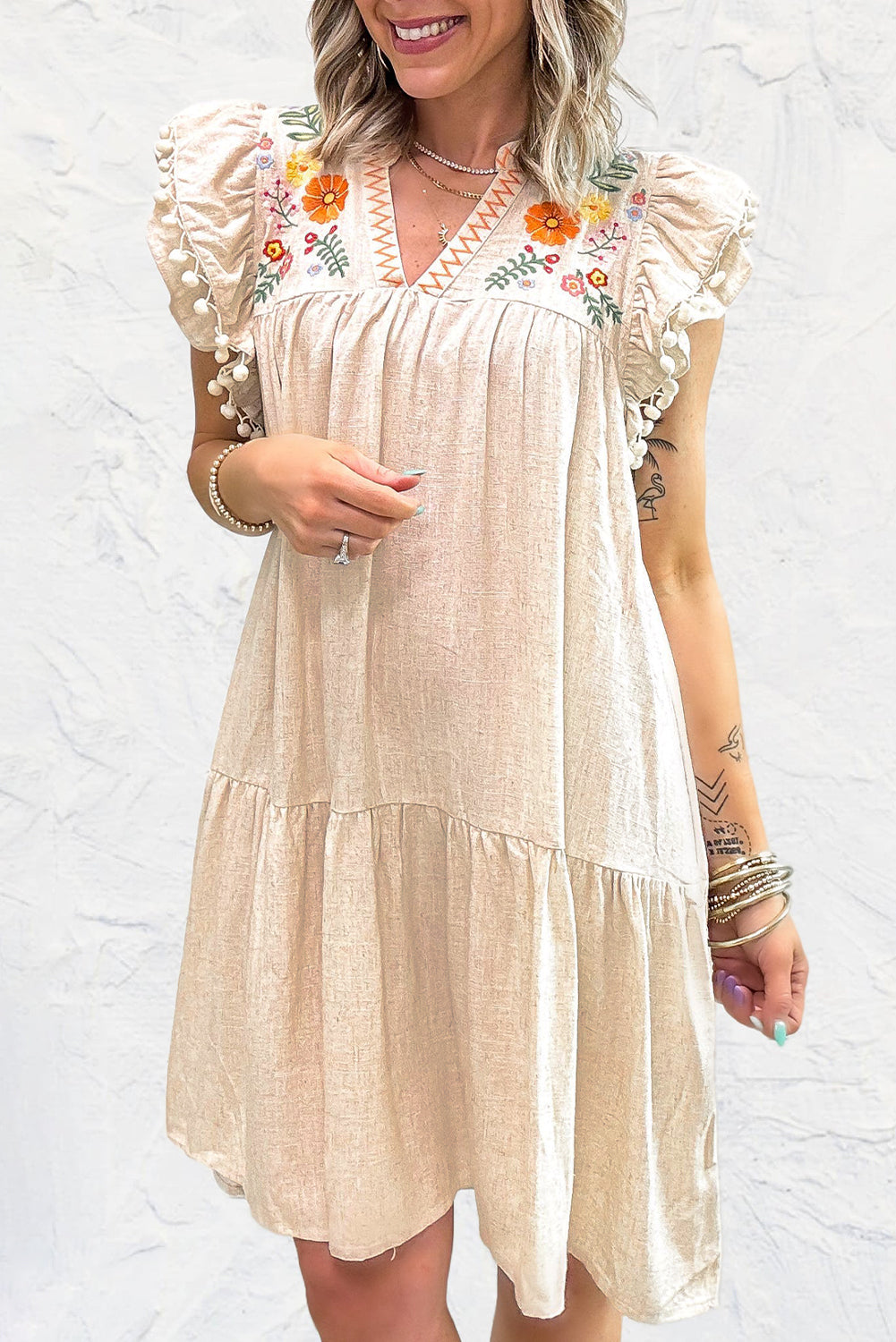 Jet Stream Linen Embroidery Split Neck Pom Pom Ruffle Sleeves Flowy Short Dress