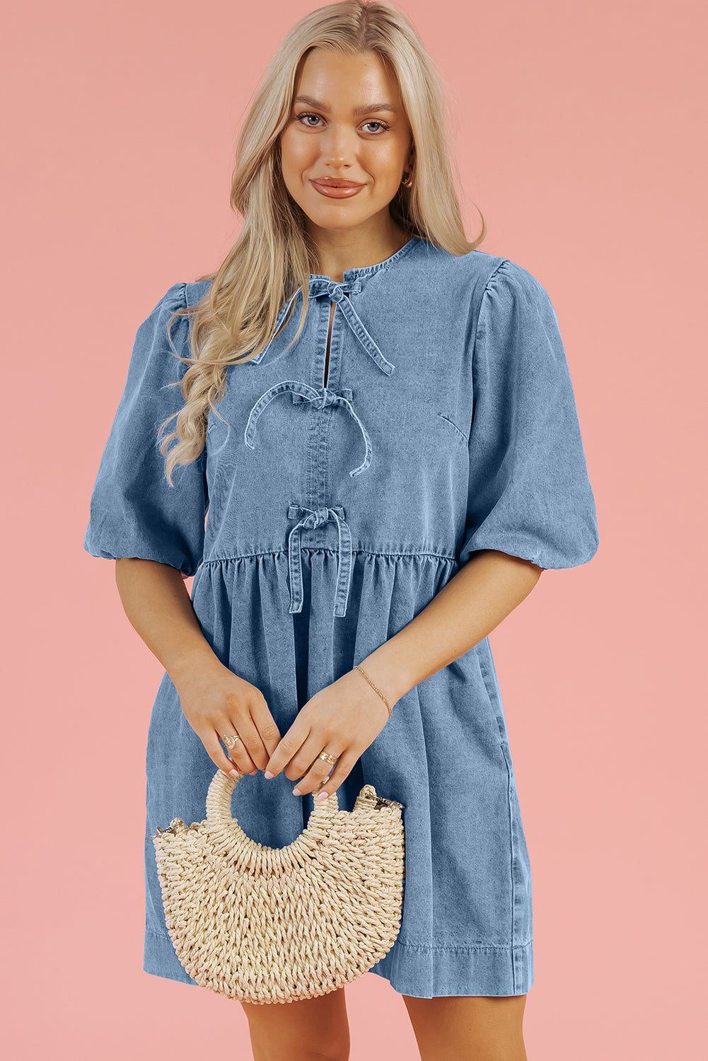 Dusk Blue Bowknot Bubble Sleeve Short Denim Dress