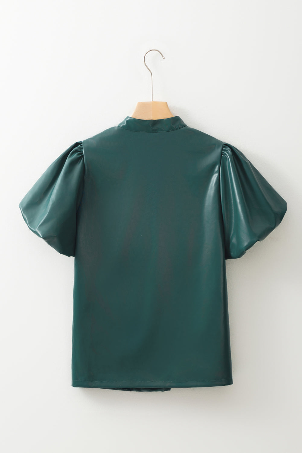 Sea Green Notched V Neck Short Puff Sleeve PU Leather Blouse