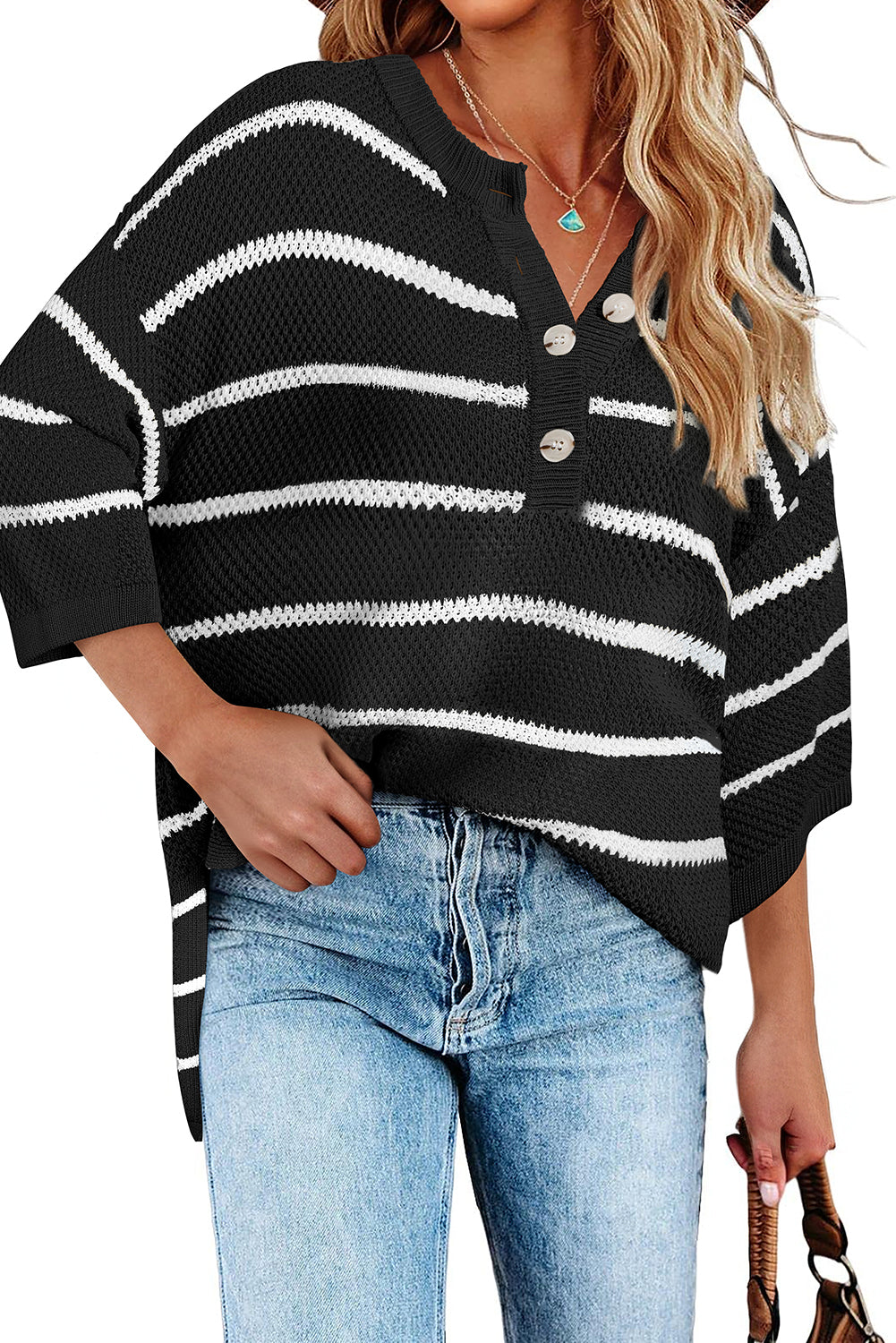 Black Stripe Henley Buttoned Placket Drop Shoulder Bracelet Sleeve Knit Sweater Tee