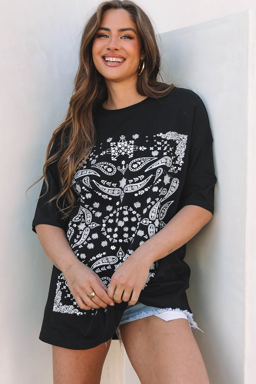 Black Paisley Print Crew Neck Loose Fit Tunic Tee