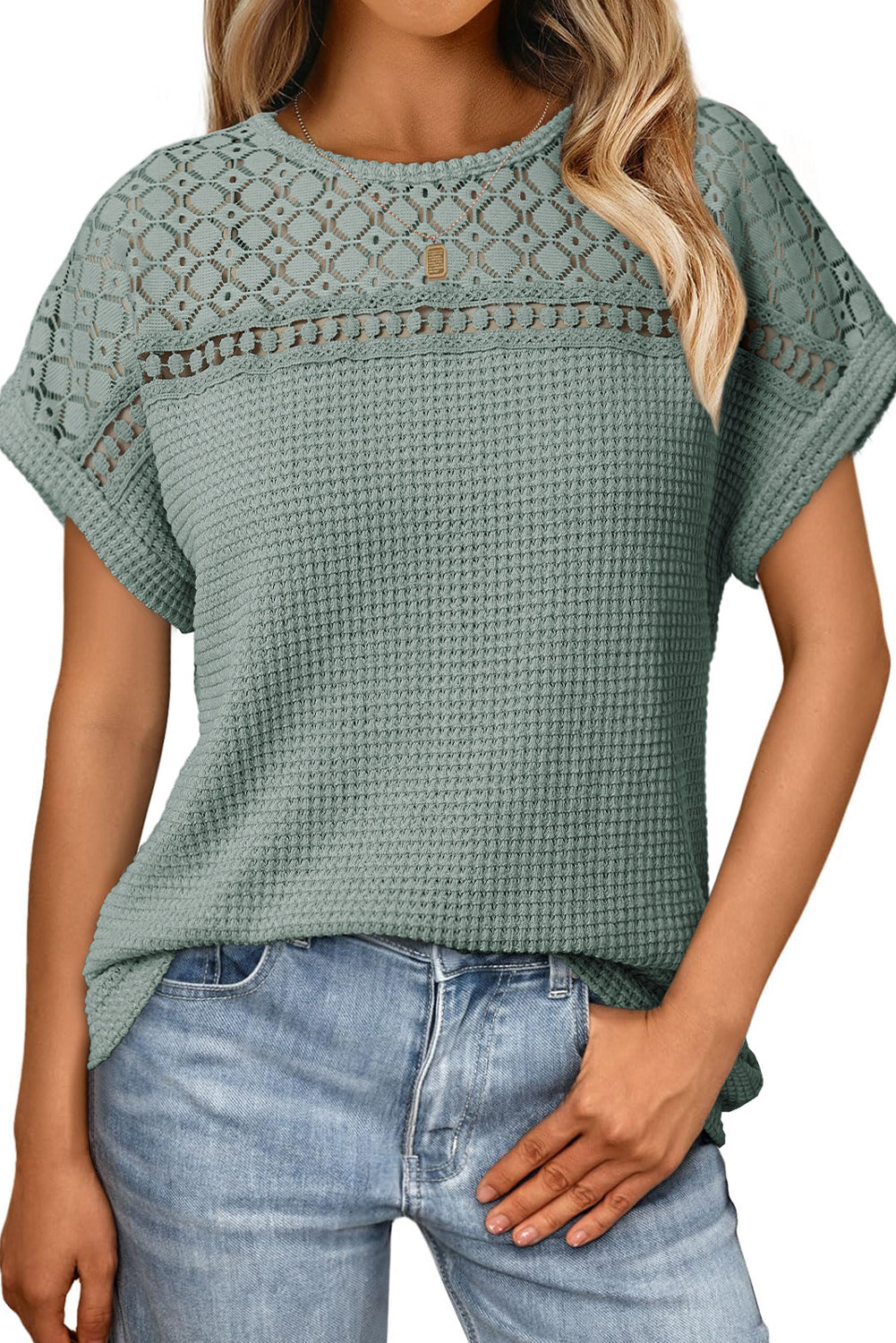 Mist Green Lace Patchwork Waffle Short Sleeve Top