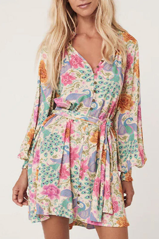 Multicolour Floral Print Bubble Sleeve Buttoned V Neck Mini Dress