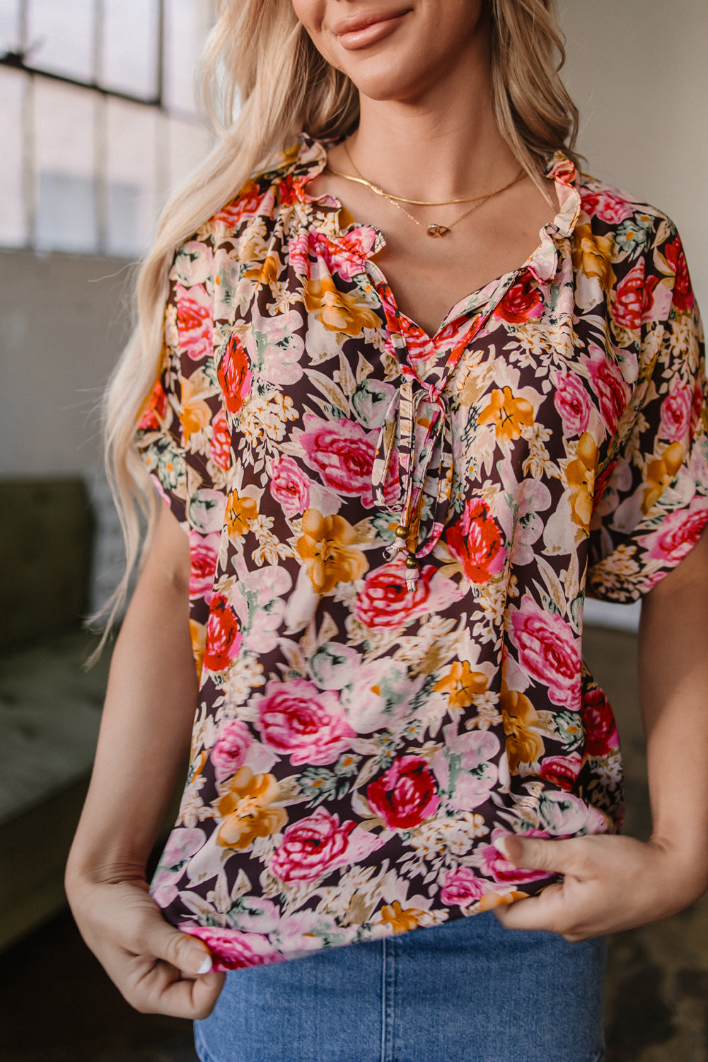 Pink Floral Print Crew Neck Short Sleeve Shift Blouse