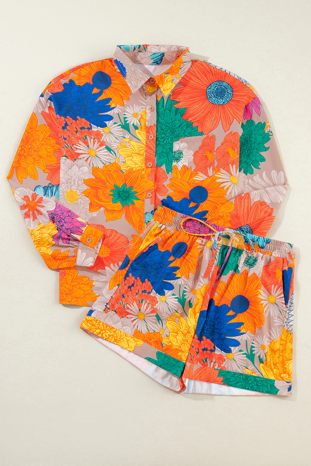 Orange Floral Printed Shirt Two Piece Drawstring Shorts Set