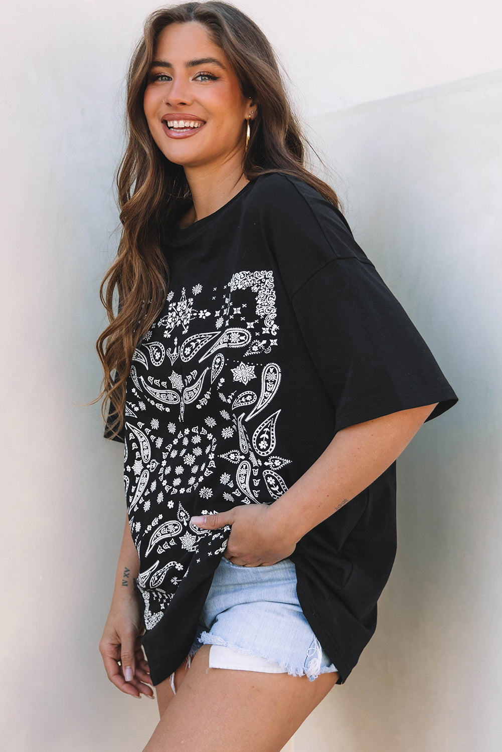 Black Paisley Print Crew Neck Loose Fit Tunic Tee