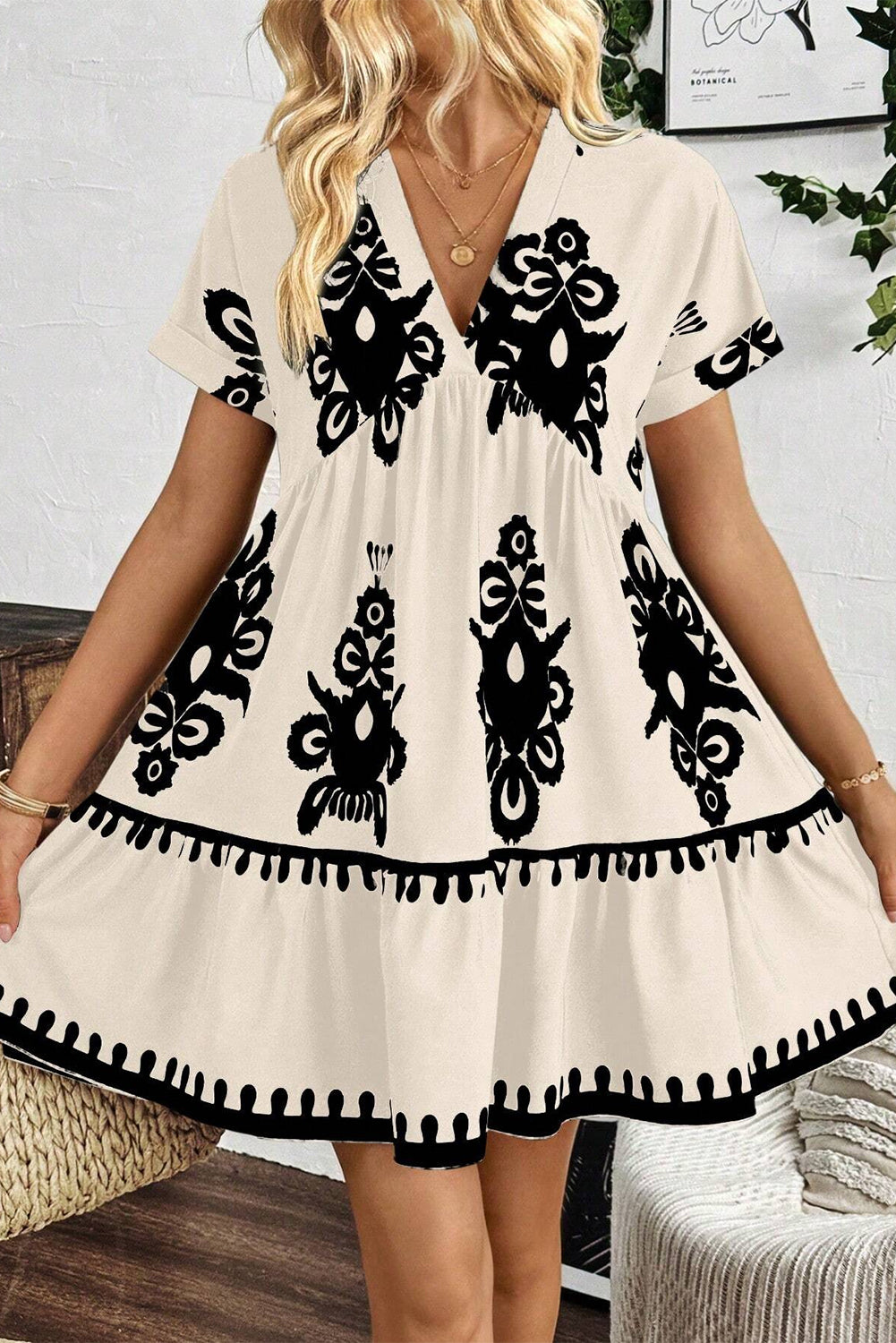 Black Vintage Print V Neck High Waist Short Sleeve Dress