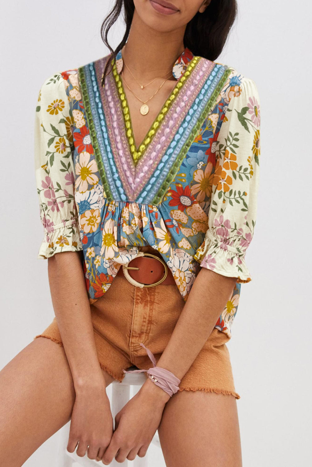 Multicolour Crochet V Neck Half Sleeve Boho Floral Blouse