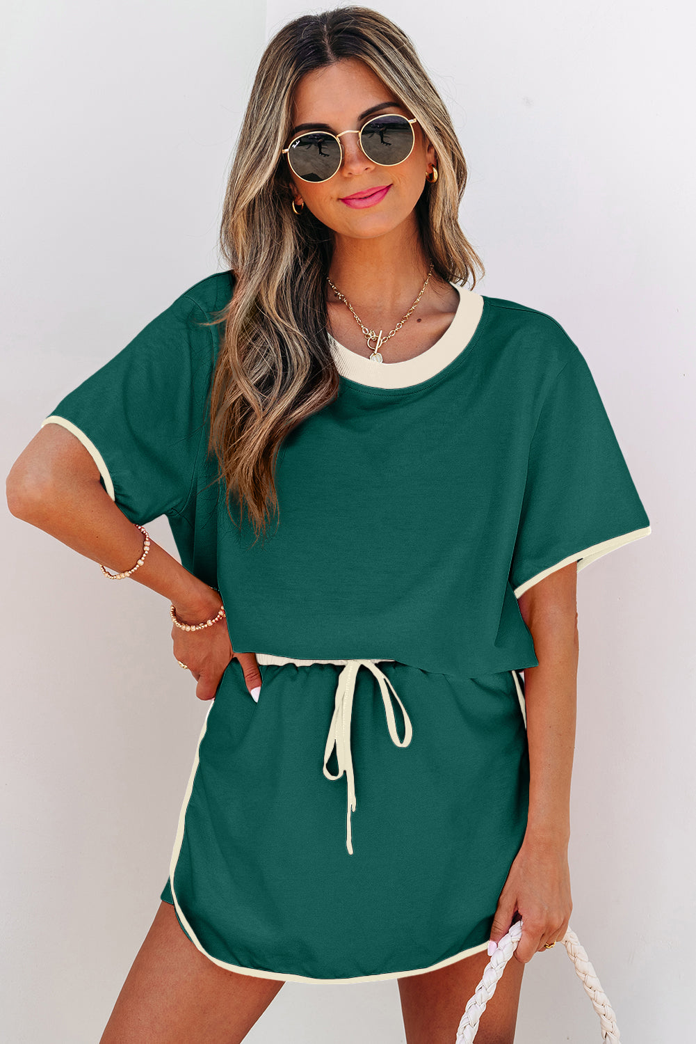 Rose Red Colorblock Edge Drop Shoulder T Shirt and Skort 2Pcs Set