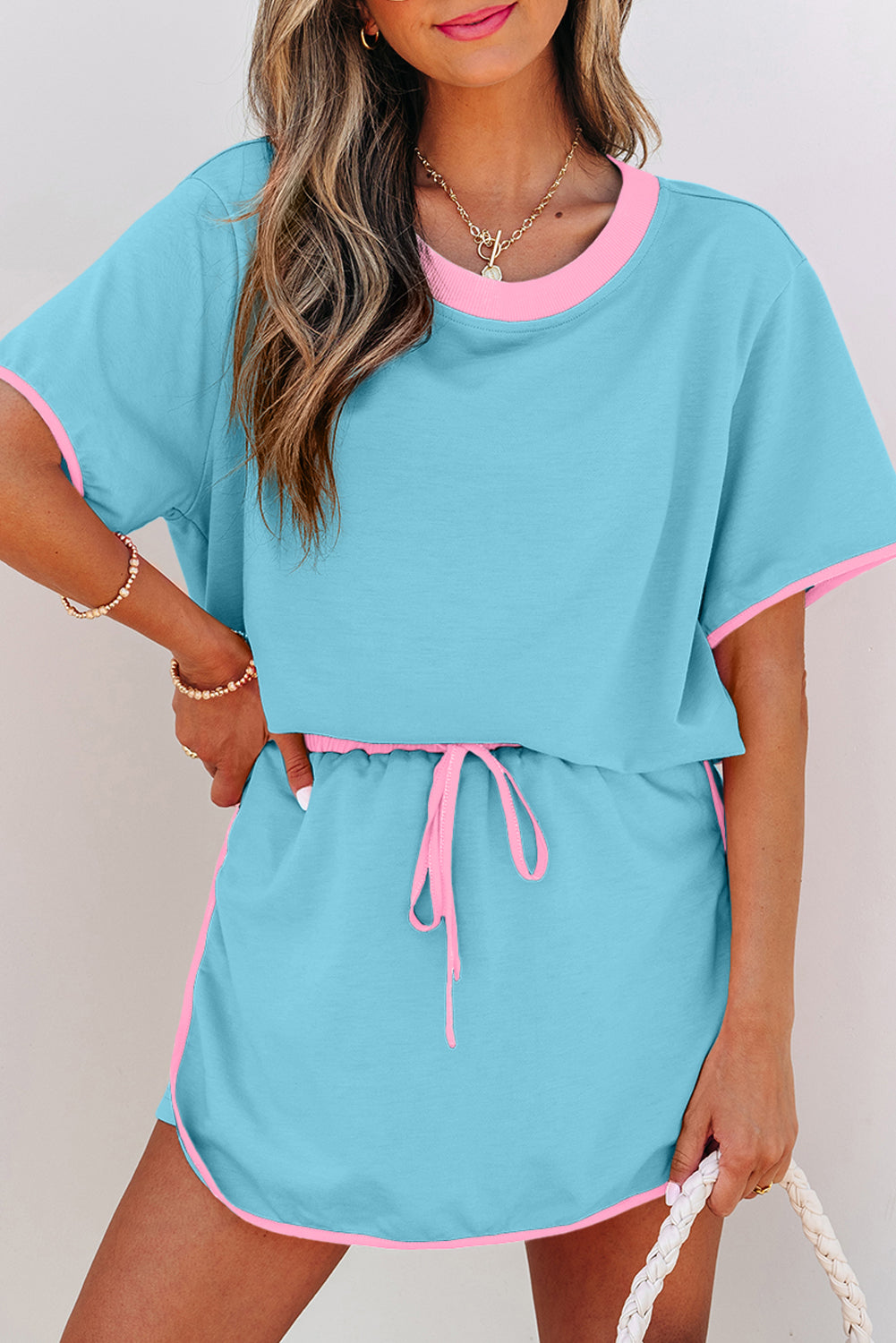 Rose Red Colorblock Edge Drop Shoulder T Shirt and Skort 2Pcs Set