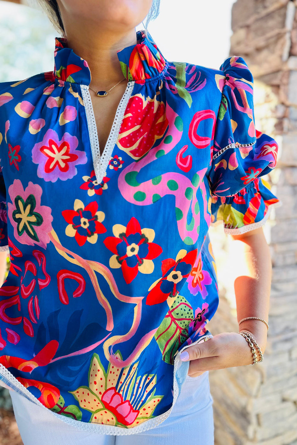 Blue Abstract Print Frilled Collar Ruffled Puff Short Sleeve Top