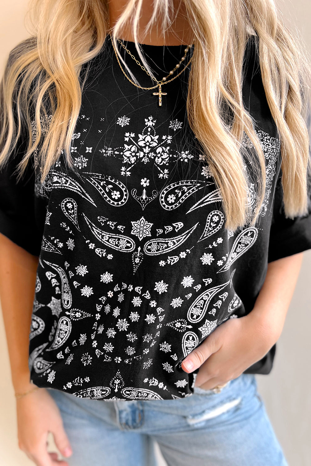 Black Paisley Print Crew Neck Loose Fit Tunic Tee