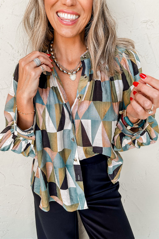 Green Geometric Print Buttoned Balloon Sleeve Loose Fit Shirt