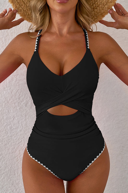 Black Ric Rac Trim Contrasted Patchwork Cutout One Piece Swimsuit