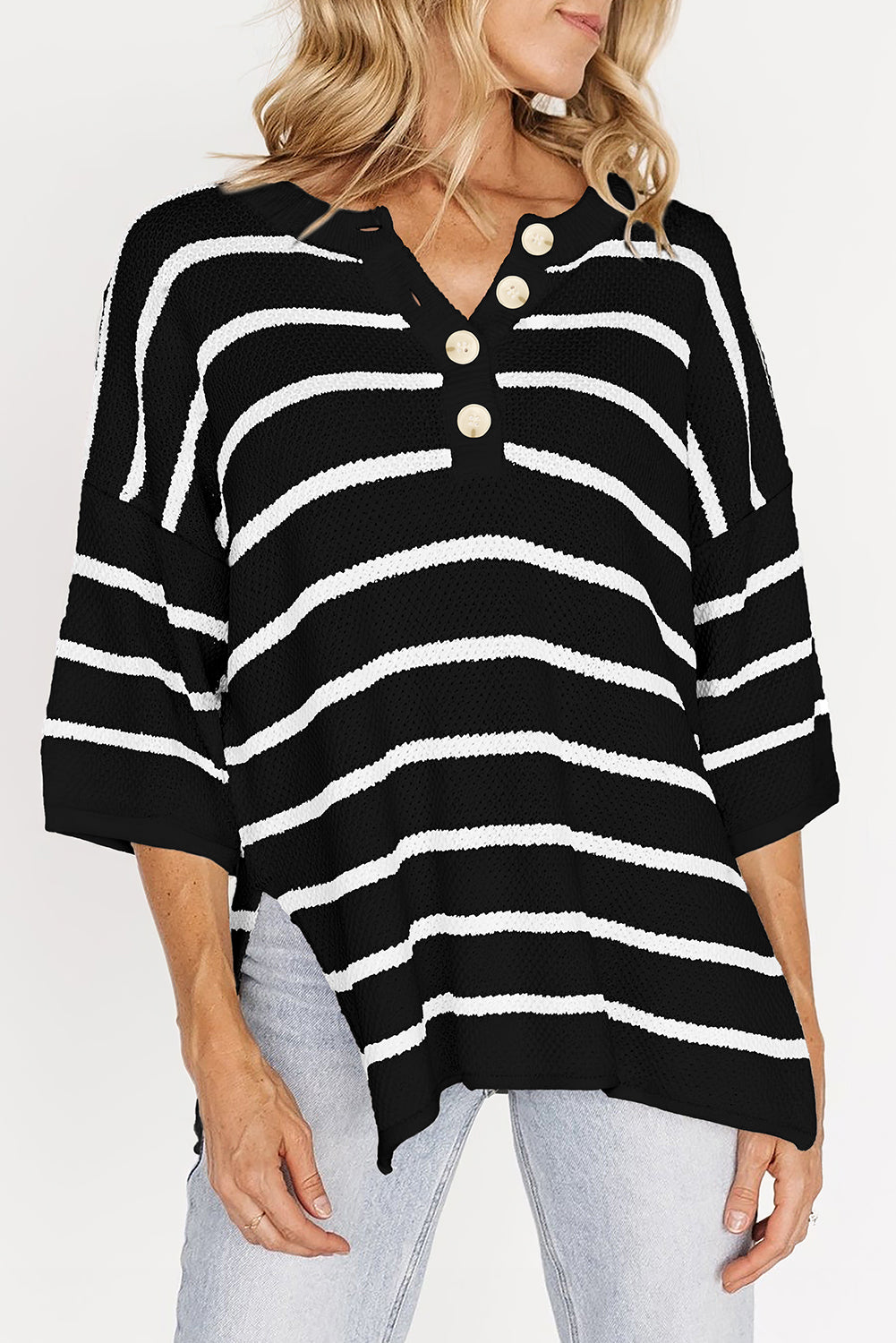 Black Stripe Henley Buttoned Placket Drop Shoulder Bracelet Sleeve Knit Sweater Tee