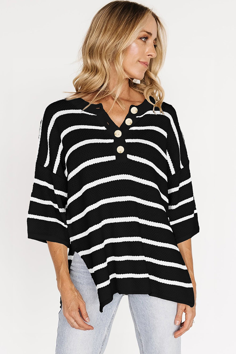 Black Stripe Henley Buttoned Placket Drop Shoulder Bracelet Sleeve Knit Sweater Tee