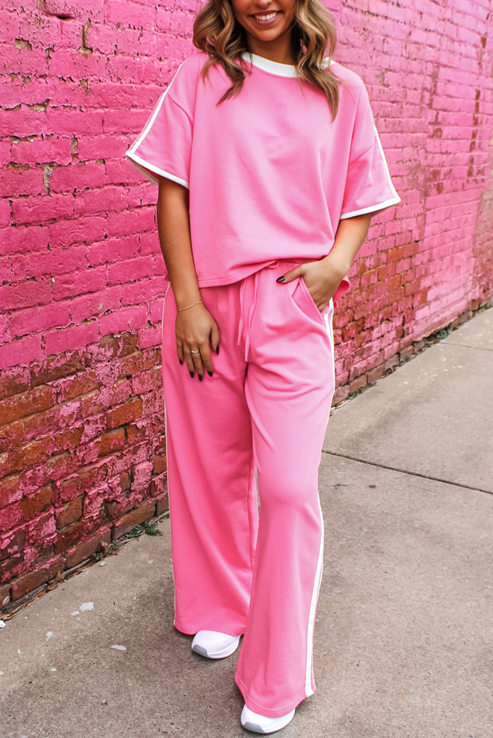 Sachet Pink Varsity Stripe Detail Casual Tee and Pants Leisure 2pcs Set