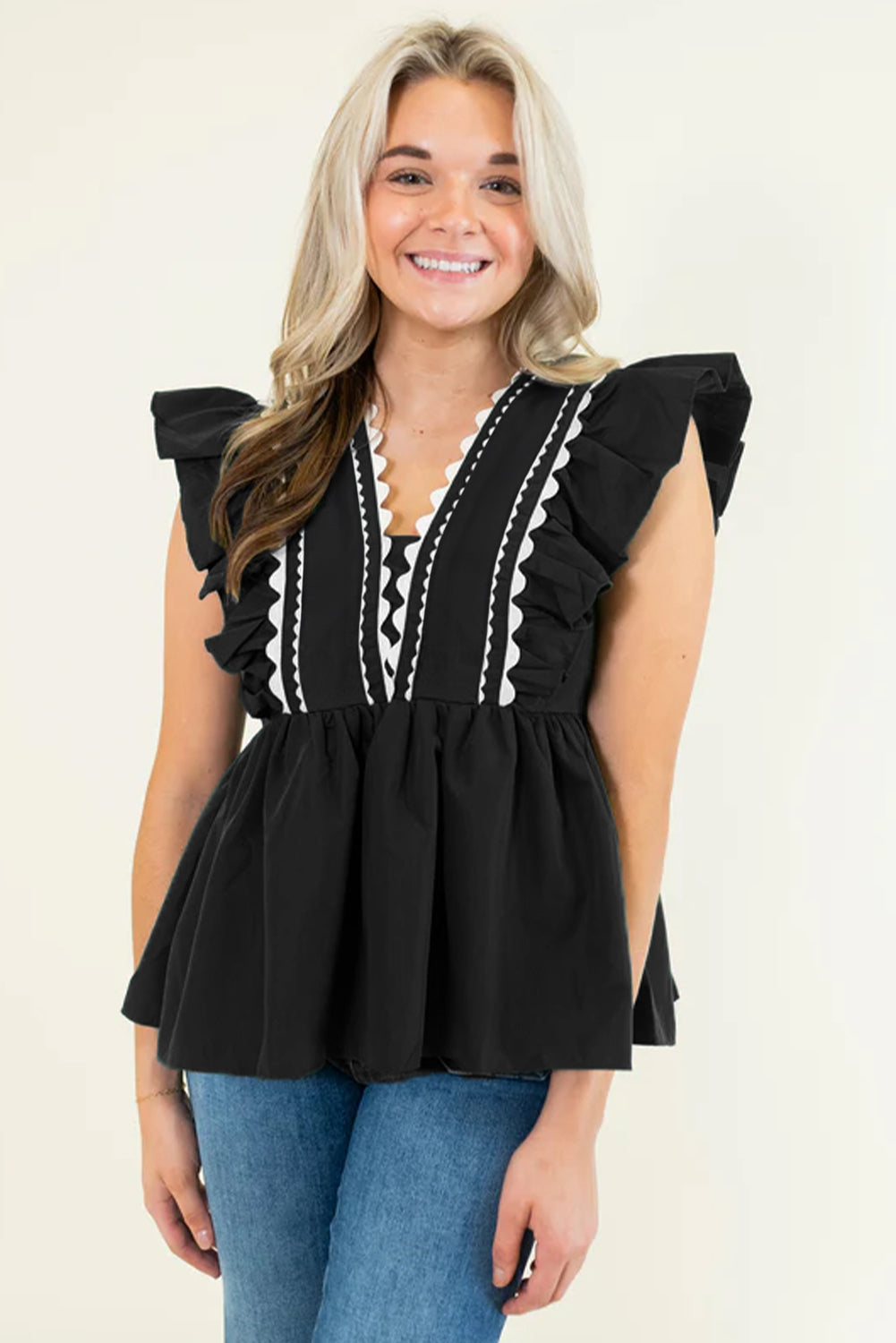 Black Contrast Ricrac Trim Ruffled V Neck Peplum Top